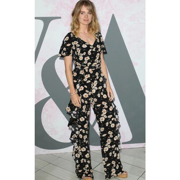 Michael Kors Collection Ruffle Trim Daisy Print Silk Jumpsuit Black Size 2 - Picture 2 of 3